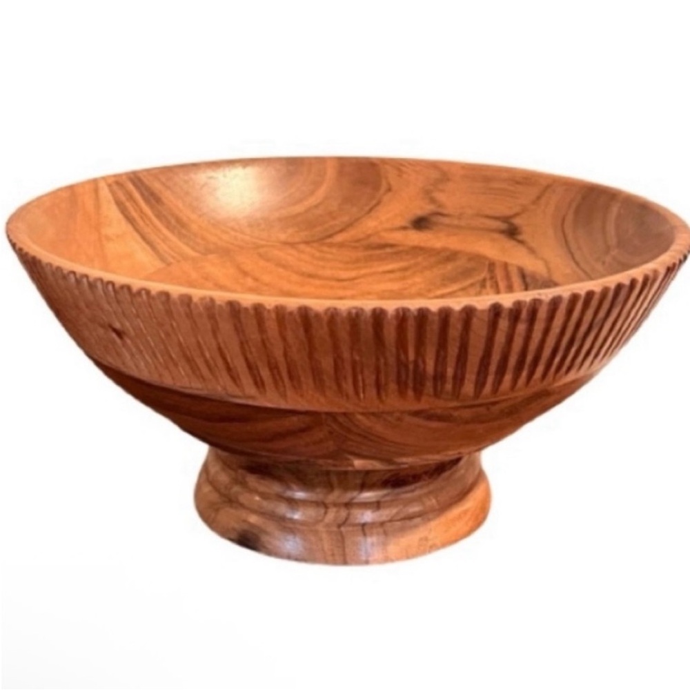 🆕 - Hand Carved Scalloped Solid Wood Pedestal Bowl. NWT